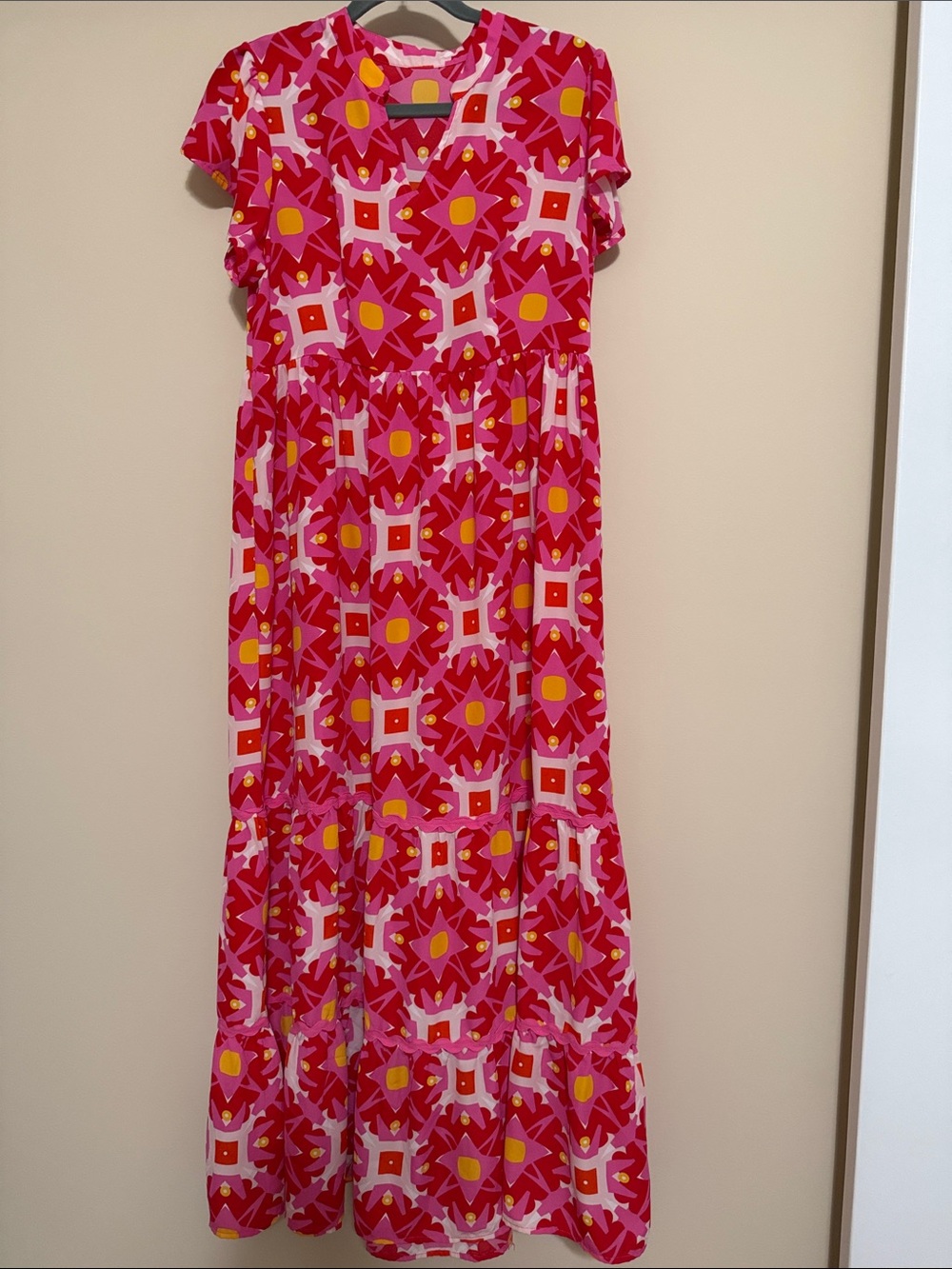 SHEIN Pink Floral Geometric Maxi Dress with Yellow Accents